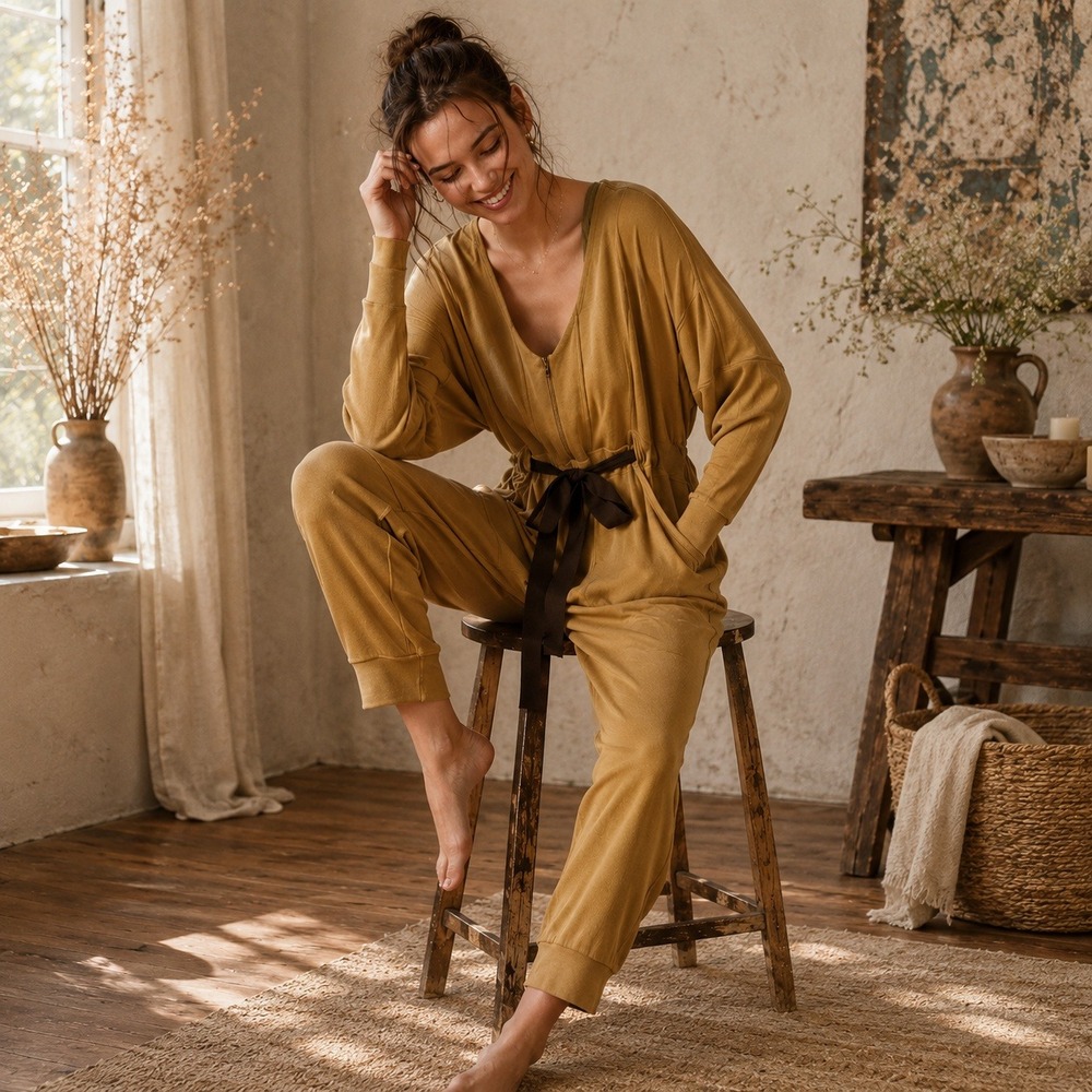FP Movement Free People Feelin' Good Jumpsuit Ochre Long Sleeve Loungewear Small